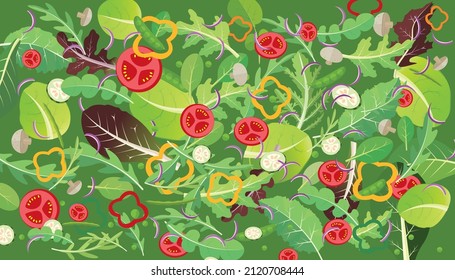 Vector illustration of fresh vegetables and leaves mix salad background. The healthy food