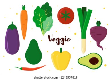 Vector illustration with fresh vegetables, modern style, with text Veggie