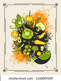 Vector illustration of fresh vegetables pour into a plate in retro style on a background of colored splashes