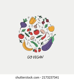 Vector illustration with fresh vegetarian vegetables and fruits isolated on white background. Healthy food. The concept of a healthy lifestyle or diet.