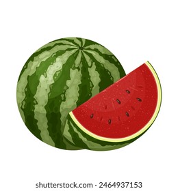 Vector illustration, fresh watermelon, whole and sliced, isolated on white background.