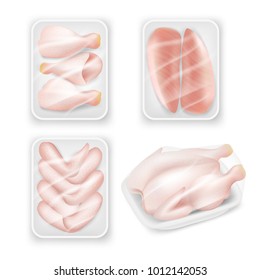 Vector illustration of fresh whole chicken, breast halves fillets, wings and chicken drumsticks in tray packing isolated on white background. Realistic mockup of hen meat sales plastic packaging set.