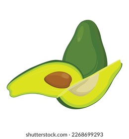 Ilustración vectorial de todo fresco, medio, corte el aguacate de corte en fondo blanco. Frutos de verano para un estilo de vida saludable. Fruta orgánica. Estilo de caricatura. Ilustración de vectores para recursos digitales