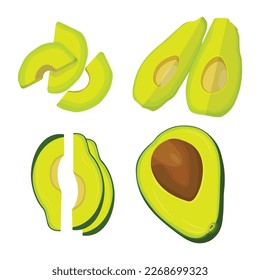 Vector illustration of fresh whole, half, cut slice avocado on white background. Summer fruits for healthy lifestyle. Organic fruit. Cartoon style. Vector illustration for digital resources