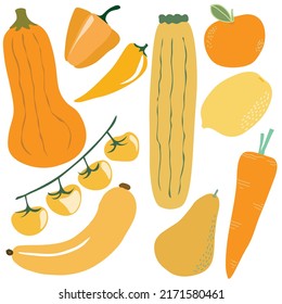 Vector illustration of fresh yellow and orange fruit and vegetable collection on white background