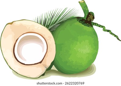 Vector illustration of a fresh young green coconut, featuring one whole coconut with stem and a halved coconut showing its soft white flesh and juice cavity. A tropical and refreshing fruit.