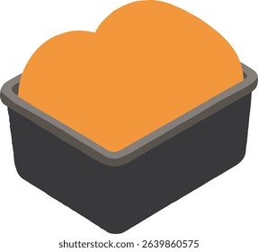 Vector illustration of freshly baked bread in a loaf pan. The golden brown top is puffed and well-risen