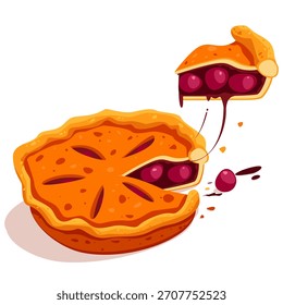 Vektorgrafik eines frisch gebackenen Kirschkuchens mit goldener Kruste. Eine Scheibe wird gehoben, die saftige rote Kirschen und eine verlockende Füllung offenbart. Perfekt für Food-Menüs, Blogs oder Dessert-Aktionen