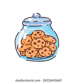 Vector illustration of freshly baked cookies in a jar. Delicious and bright pastries. Menu design, posters, postcards