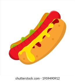 Vector illustration of freshly made hotdog with cheese and tomato sauce, restaurant and culinary theme. suitable for advertising food products