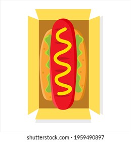 Vector illustration of freshly opened hotdog out of a box with cheese and tomato sauce, restaurant and culinary theme. suitable for advertising food products