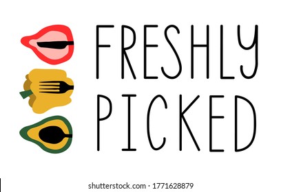 Vektorgrafik FRISCH BILDET. Künstlerische, handgezeichnete Symbol einzeln auf weißem Hintergrund. Öko-Banner-Vorlage für den Bauernmarkt, Fee, Ernte, Lebensmittelgeschäft. Öko, natürlich, organisch