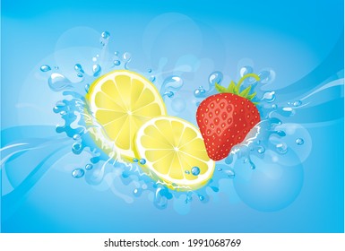 Vector illustration of freshly sliced lemons and juicy strawberry with water splashes. Poster, label, banner, sticker, or flyer template for a food company. EPS10