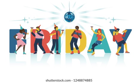 Vector illustration of friday party invitation or banner with big word and young cheerful people with cocktails and food dancing, having fun and singing karaoke under disco ball isolated on white.