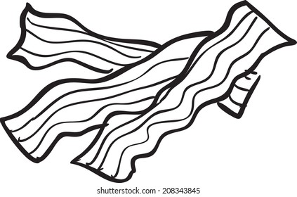 Vector illustration of fried bacon doodle in black and white