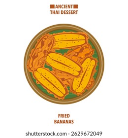 Vector illustration of fried bananas, Thai traditional bananas served on a bamboo plate with banana leaves. Top view. Refreshing summer dessert. Street food. Asian. For the food and culture theme.
