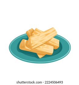 Vector illustration, fried cassava served on a plate, isolated on a white background.