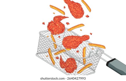 Vector illustration of fried chicken and french fries flying from a deep fryer basket. Fast food concept with crispy chicken wings and potato chips in cartoon style.