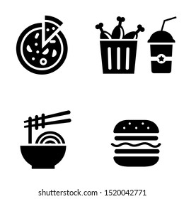Vector illustration of fried chicken, pizza, burger, noodles and cola isolated on white background. Flat icons of fast food. Meal for lunch or dinner.
