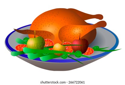 Vector illustration. Fried chicken with vegetables and apples.