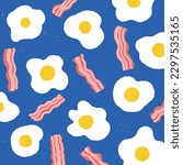 Vector illustration of fried egg and bacon background pattern. Hand drawn sunny side up egg and bacon strip isolated