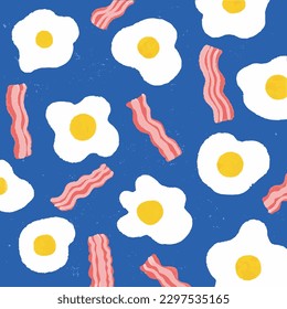 Ilustración vectorial del patrón de fondo de huevo frito y tocino. Huevos soleados de lado arriba huevo y tira de tocino aislados