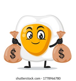 vector illustration of fried egg mascot or character holding sacks of money