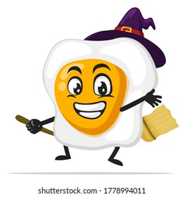 vector illustration of fried egg mascot or character wearing witch costume and ride flying broom