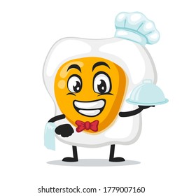 vector illustration of fried egg mascot or character wearing chef hat and serve food