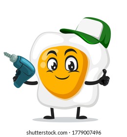 vector illustration of fried egg mascot or character holding hand drill