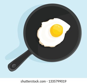 Vector illustration of fried egg on black pan for breakfast isolated on white background with shadow.