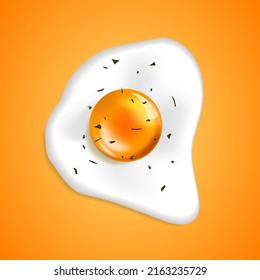Vector illustration of fried egg with spices isolated on yellow background. Top view