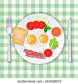 Vector illustration of Fried eggs with bacon and vegetables breakfast.