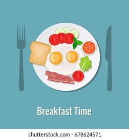 Vector illustration of Fried eggs with bacon and vegetables.