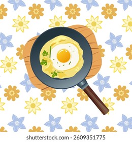 Vector illustration with fried eggs in a frying pan.