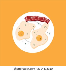 Vector illustration of fried eggs with greens and bacon. Omelet on a plate. breakfast concept.Omelette . Scrambled eggs.