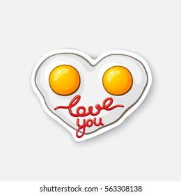 Vector illustration. Fried eggs in heart shape. Scrambled egg. Healthy food. Cartoon sticker in comic style with contour. Decoration for greeting cards, posters, patches, prints for clothes, emblems