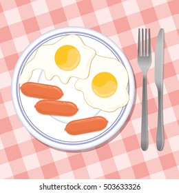 Vector illustration, fried eggs and two sausage on a plate, with a spoon and a fork, pink table cloth
