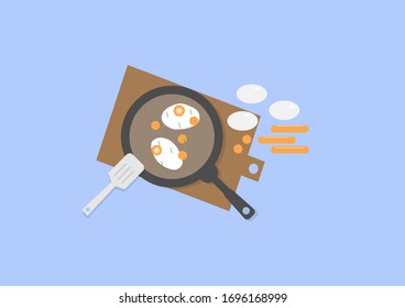 Ilustración vectorial de huevos fritos, verduras y salchichas en la sartén. salchicha cortada en trozos, huevos y salchichas colocadas junto a la sartén, espátula colocada en la sartén. Vista superior desde arriba.