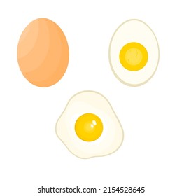 Vector illustration of fried, hard-boiled, half, sliced, whole eggs. Cartoon chicken eggs in various shapes. Great for web logos, book covers and poultry advertising posters.