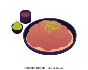 Vector illustration of fried noodles served in a bowl with soy sauce and wasabi. Asian cuisine concept presented in flat cartoon style on isolated white background.