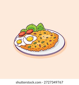 Vektorgrafik von Fried Rice mit Gemüseauflagen, Spiegelei, ​ geschnittenen ​ und bestreuten Chilis im niedlichen, flachen Cartoonstil.
