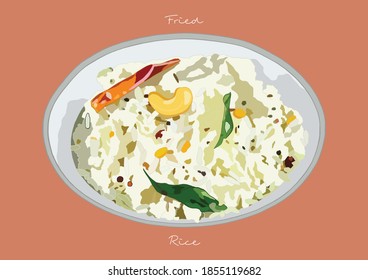 Vector Illustration of Fried Rice with Vegetables on White Plate