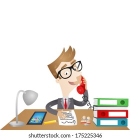 Vector illustration of a friendly cartoon businessman at his desk answering the phone (JPEG also available).