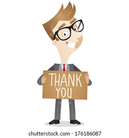 Vector illustration of a friendly cartoon businessman holding a brown sign that says 'thank you' (JPEG version also available in my gallery). 