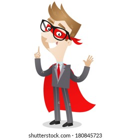 Vector illustration of a friendly cartoon businessman dressed up as a superhero with cape and mask, pointing and gesturing.