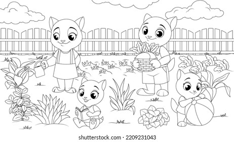 Vector illustration, friendly cat family are resting in nature, book coloring