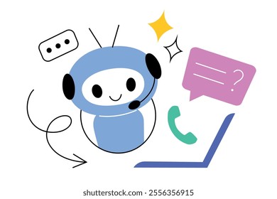 Vector illustration of a friendly chatbot assistant with headset and speech bubbles, AI powered customer support, artificial intelligence and virtual communication. Flat cartoon design for technology