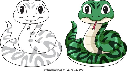 Vector illustration of a friendly coiled green snake alongside a black and white outline