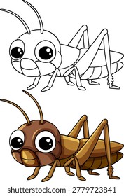Vector illustration of a friendly cricket character provided in both colored and outline versions
